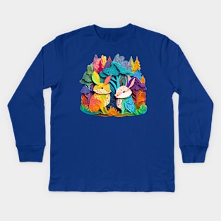 Rainbow Bunny Rabbits in a Rainbow Forest Kids Long Sleeve T-Shirt